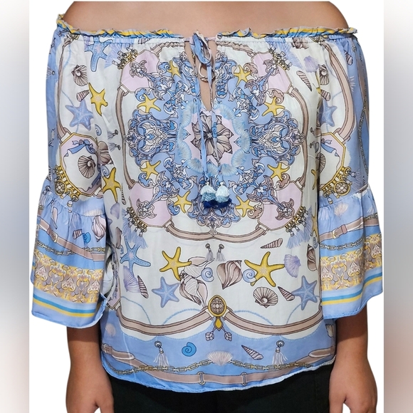 Hale Bob Blue and Cream Bohemian Blouse - Picture 1 of 5